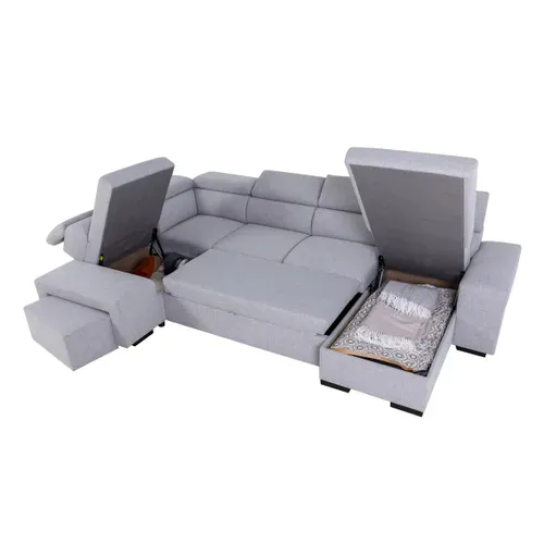 Canapé d'angle panoramique convertible réversible et 2 coffres MAYA tissu gris vue de profil