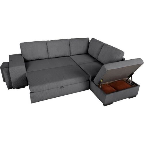 Canapé D'angle Convertible Réversible 4/5 Mitchell - Tissu Velours Côtelé Anthracite - Coffre, Poufs