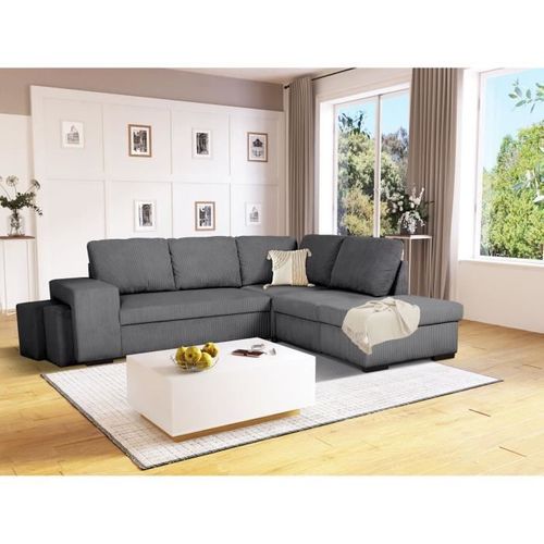 Canapé D'angle Convertible Réversible 4/5 Mitchell - Tissu Velours Côtelé Anthracite - Coffre, Poufs