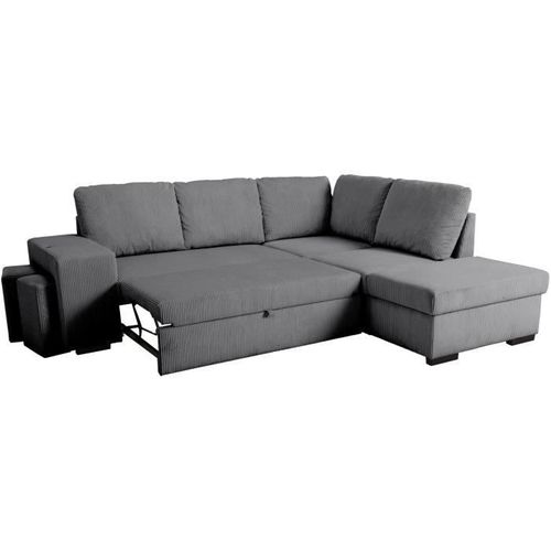 Canapé D'angle Convertible Réversible 4/5 Mitchell - Tissu Velours Côtelé Anthracite - Coffre, Poufs