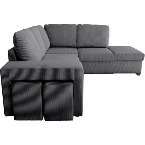 Canapé D'angle Convertible Réversible 4/5 Mitchell - Tissu Velours Côtelé Anthracite - Coffre, Poufs