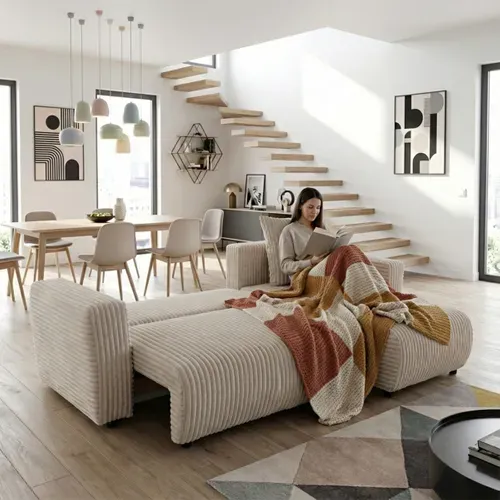 Canapé d'angle convertible méridienne réversible WILL tissu gros côtelé écru