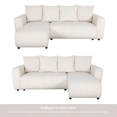Canapé d'angle convertible méridienne réversible WILL tissu gros côtelé écru