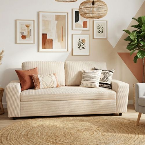 Canapé 2,5 places HAPPY tissu velours beige vue d'ambiance 1