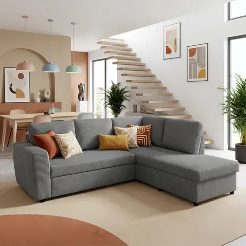 Canapé d'angle HAPPY convertible droit anthracite vue d'ambiance 1