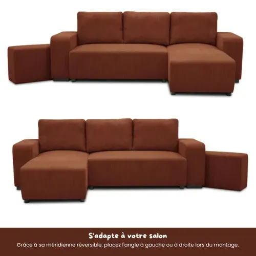 Canapé d'angle convertible méridienne réversible BOOSTER velours côtelé terra cotta vue de profil