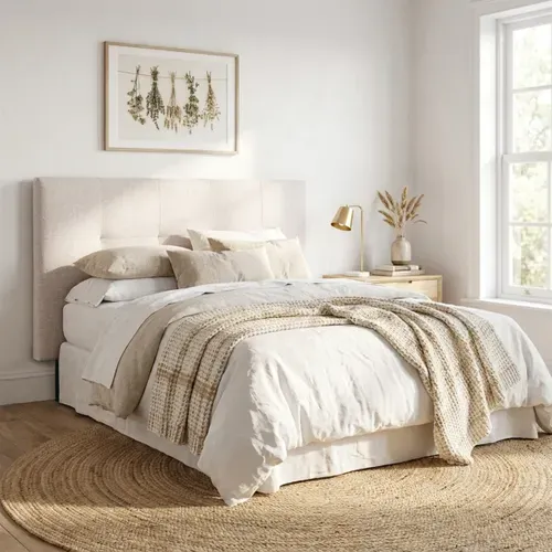 Tête de lit tissu L. 140 cm KARTY beige vue d'ambiance 1