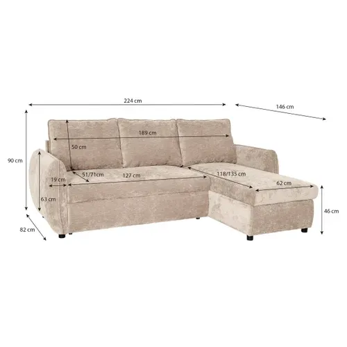 Canapé d'angle convertible méridienne réversible REGGIE tissu beige