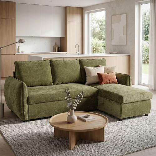 Canapé d'angle convertible méridienne réversible REGGIE 1tissu vert olive vue d'ambiance 1