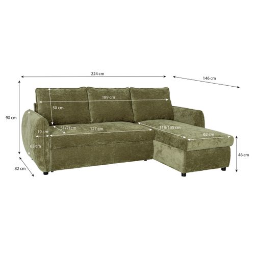 Canapé d'angle convertible méridienne réversible REGGIE 1tissu vert olive