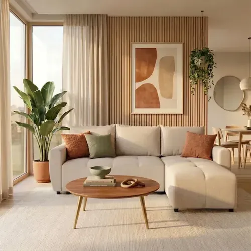 Canapé d'angle convertible méridienne réversible PETRA tissu beige vue d'ambiance 1