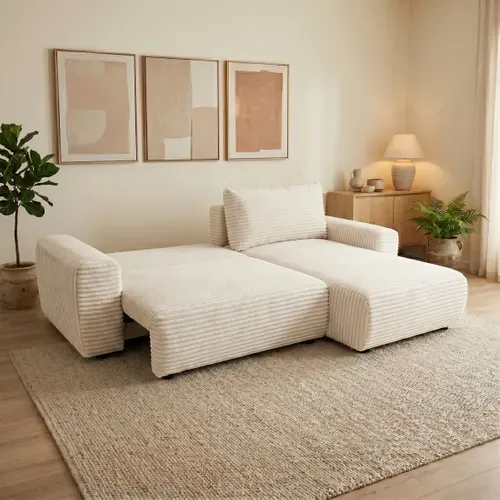 Canapé d'angle convertible méridienne réversible VIRGI en velours côtelé beige
