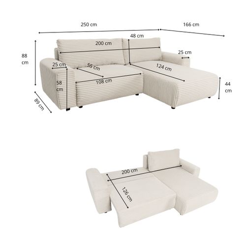 Canapé d'angle convertible méridienne réversible VIRGI en velours côtelé beige