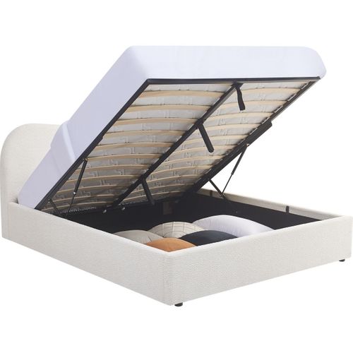 Lit Coffre Adulte 140x190 Cm Avec Tête De Lit Matelassée En Tissu Bouclé Beige - Suzon