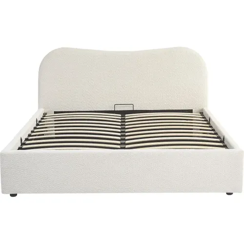Lit Coffre Adulte 140x190 Cm Avec Tête De Lit Matelassée En Tissu Bouclé Beige - Suzon