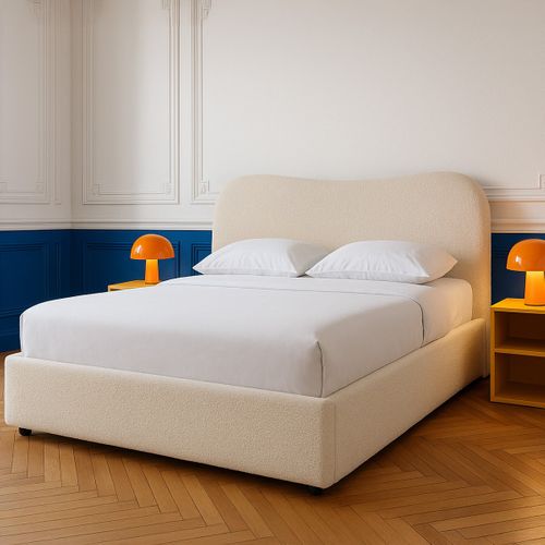 Lit Coffre Adulte 160x200 Cm Avec Tête De Lit Matelassée En Tissu Bouclé Beige - Suzon