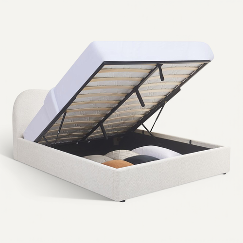 Lit Coffre Adulte 160x200 Cm Avec Tête De Lit Matelassée En Tissu Bouclé Beige - Suzon