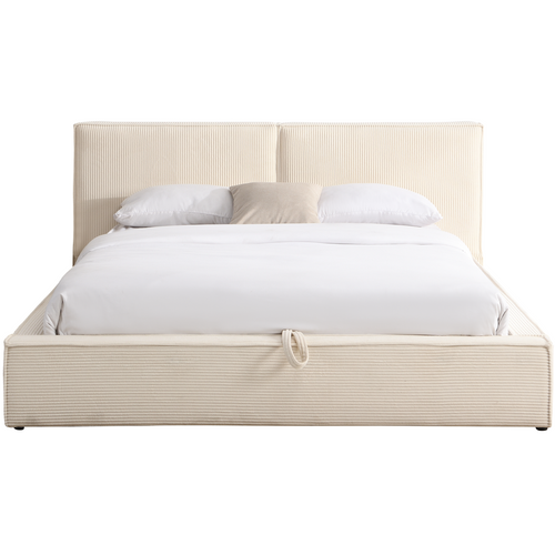 Lit Coffre Adulte 160x200 Cm Avec Sommier Et Tête De Lit Matelassée En Velours Côtelé Beige - Arno