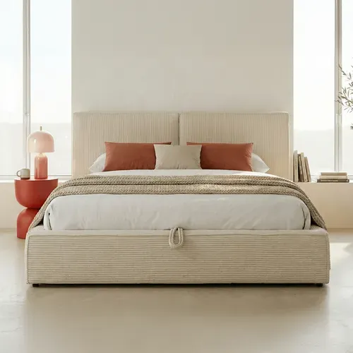 Lit Coffre Adulte 160x200 Cm Avec Sommier Et Tête De Lit Matelassée En Velours Côtelé Beige - Arno