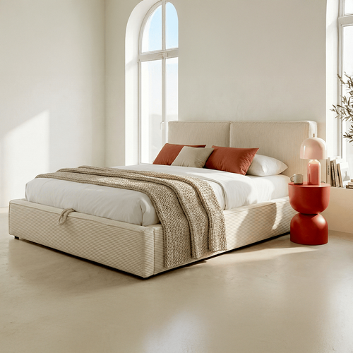 Lit Coffre Adulte 160x200 Cm Avec Sommier Et Tête De Lit Matelassée En Velours Côtelé Beige - Arno