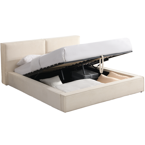 Lit Coffre Adulte 160x200 Cm Avec Sommier Et Tête De Lit Matelassée En Velours Côtelé Beige - Arno