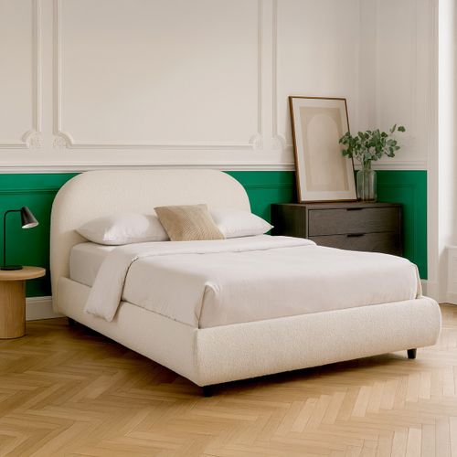 Lit Adulte 160x200 Cm Avec Sommier Et Tête De Lit Matelassée En Tissu Bouclé Beige - Maddie