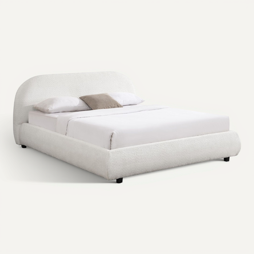 Lit Adulte 160x200 Cm Avec Sommier Et Tête De Lit Matelassée En Tissu Bouclé Beige - Maddie