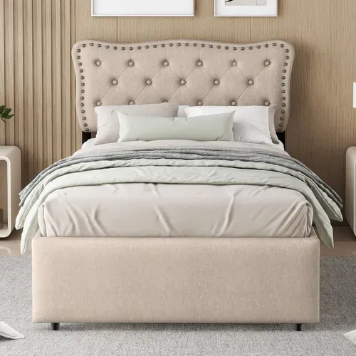 Lit Rembourré 90x200 Cm, Avec Rivets Décoratifs, Double Tiroir, Beige Foncé