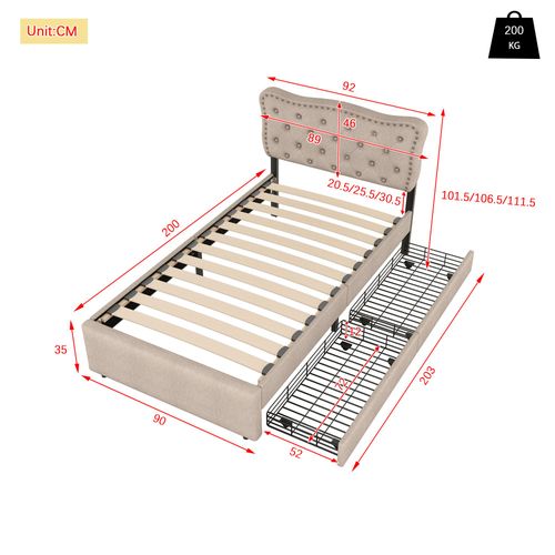 Lit Rembourré 90x200 Cm, Avec Rivets Décoratifs, Double Tiroir, Beige Foncé