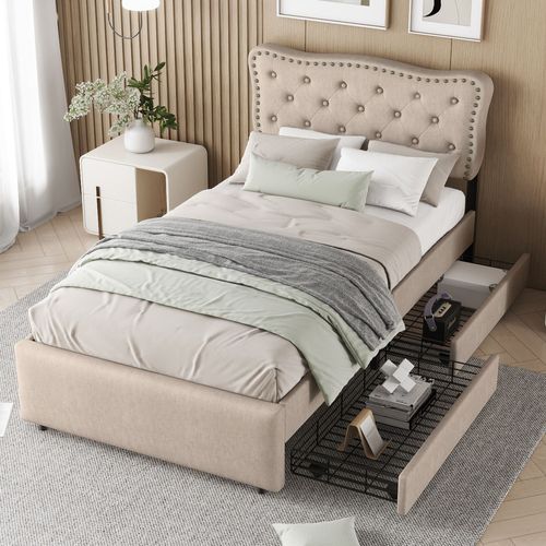 Lit Rembourré 90x200 Cm, Avec Rivets Décoratifs, Double Tiroir, Beige Foncé