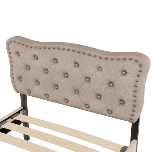 Lit Rembourré 90x200 Cm, Avec Rivets Décoratifs, Double Tiroir, Beige Foncé