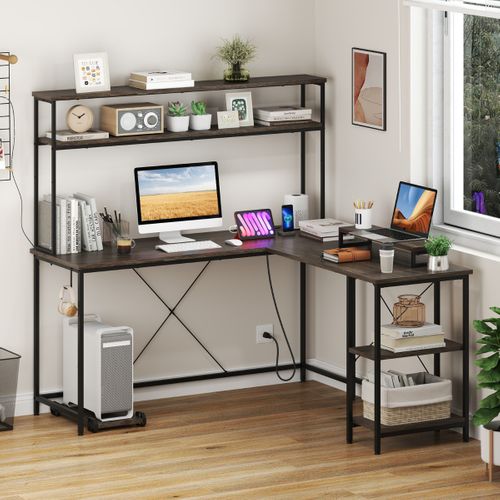 Bureau D'angle Bureau Informatique Reversible Avec LED Et Prises De Courant 145x145x147 Cm Gris