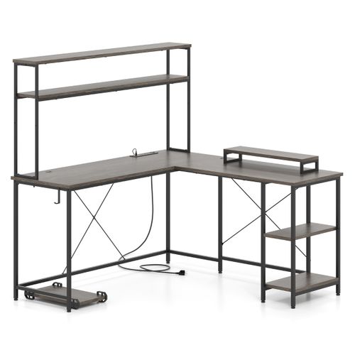 Bureau D'angle Bureau Informatique Reversible Avec LED Et Prises De Courant 145x145x147 Cm Gris