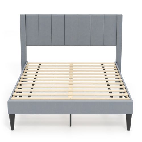 Cadre De Lit Double 140x200cm Sommier Tissu Avec Tête De Lit Lattes En Bois Patins Réglables Gris