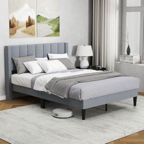 Cadre De Lit Double 140x200cm Sommier Tissu Avec Tête De Lit Lattes En Bois Patins Réglables Gris
