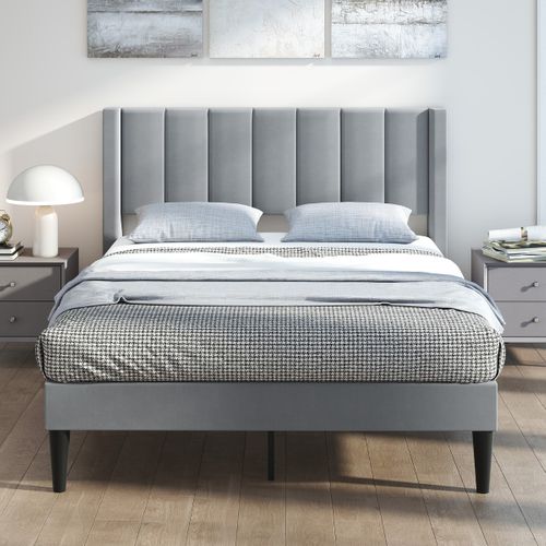 Cadre De Lit Double 140x200cm Sommier Tissu Avec Tête De Lit Lattes En Bois Patins Réglables Gris