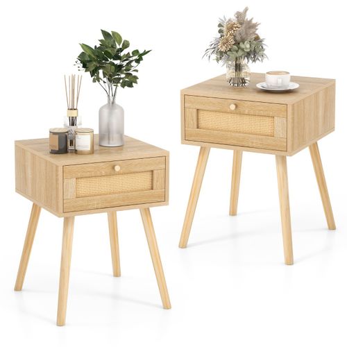 Lot De 2 Tables De Chevet Tables De Nuit Avec Tiroir Bois Rotin 40 X 40 X 55 Cm Naturel