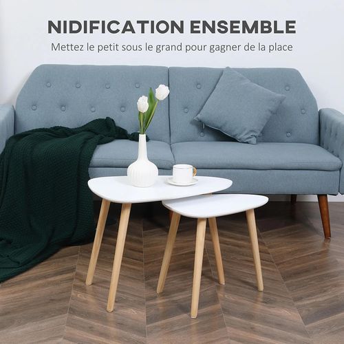 HOMCOM Lot De 2 Tables Basses Gigognes Design Scandinave - Blanc Et Bois