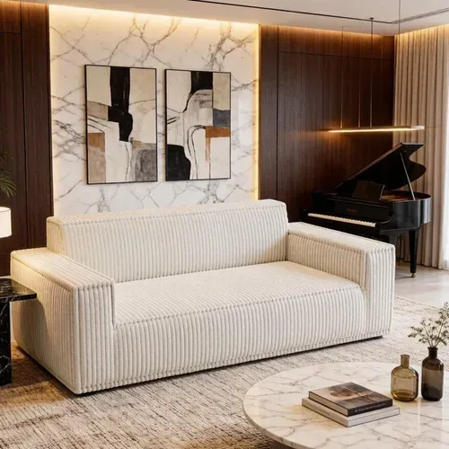 Canapé Compressé,canapé Deux Places à Assise Profonde, Velours Côtelé, Blanc