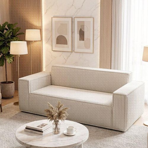 Canapé Compressé,canapé Deux Places à Assise Profonde, Velours Côtelé, Blanc