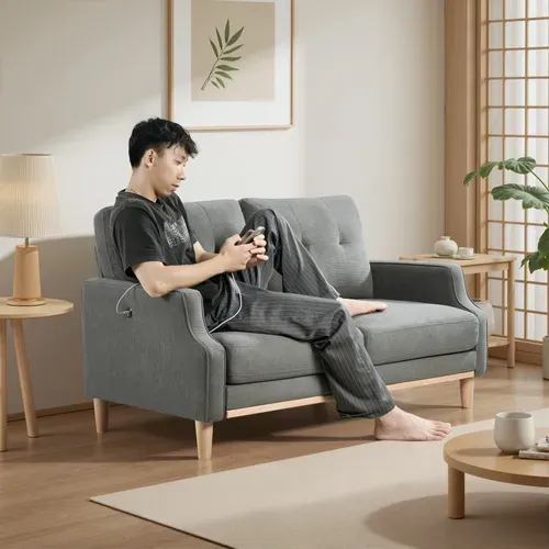 Canapé Compressé,canapé Deux Places Avec Ports USB Et Pieds En Bois, Gris Foncé