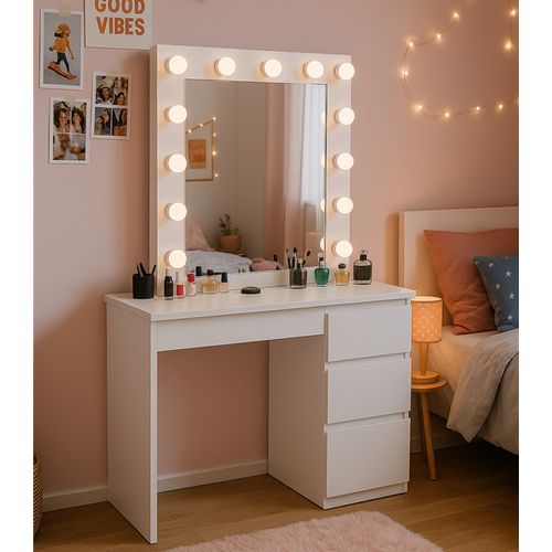 Coiffeuse Avec 4 Tiroirs Et Miroir LED Coloris Blanc - H75 X L94 X P43 Cm