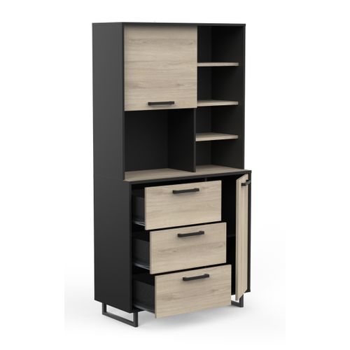 Buffet De Cuisine 2 Portes + 3 Tiroirs Coloris Chêne Kronberg, Noir Mat