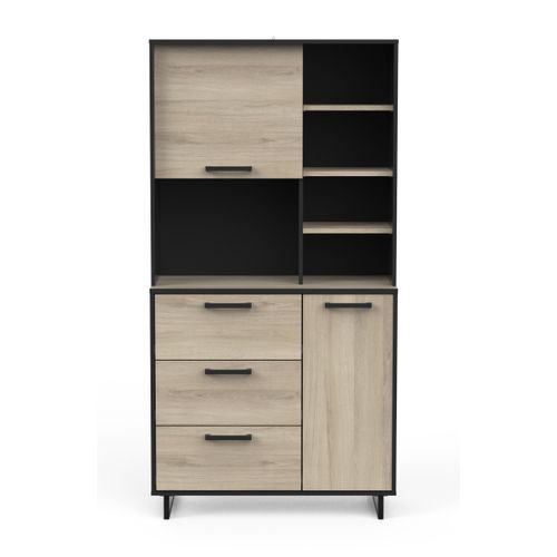 Buffet De Cuisine 2 Portes + 3 Tiroirs Coloris Chêne Kronberg, Noir Mat