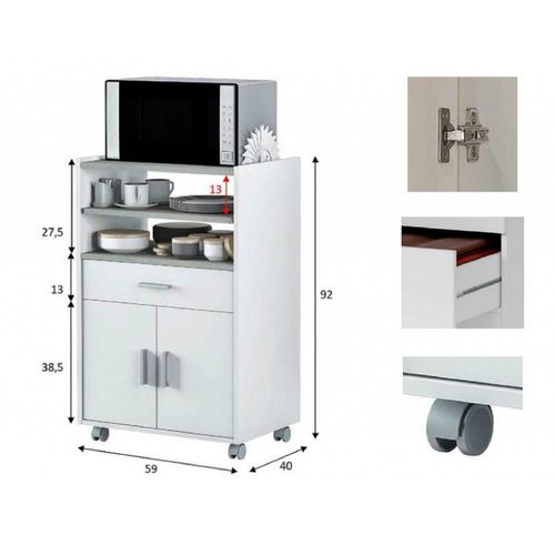 Meuble Pour Micro-ondes Sur Roulette En Bois Mélaminé Blanc Effet Béton