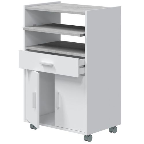 Meuble Pour Micro-ondes Sur Roulette En Bois Mélaminé Blanc Effet Béton