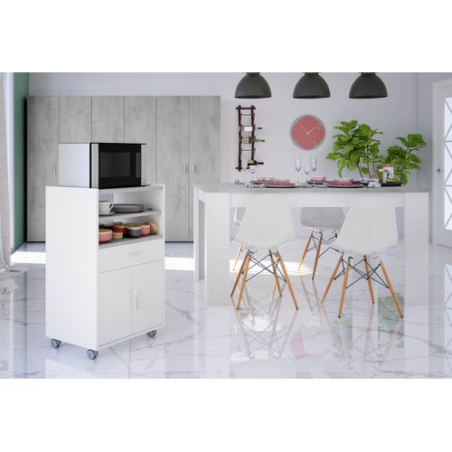 Meuble Pour Micro-ondes Sur Roulette En Bois Mélaminé Blanc Effet Béton