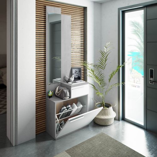 Meuble D'entrée, Meuble De Rangement Coloris Gris Cendre, Blanc Brillant