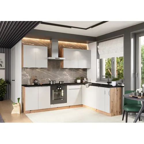 Cuisine Complète D'angle Isya 9 Éléments Couleur Gris Clair/artisan - Longueur 200/260 Cm