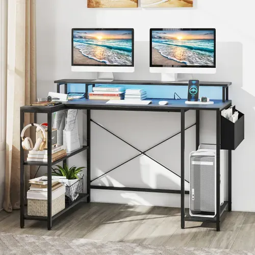 Bureau Gaming, Bureau Gamer Avec LED Et Prises De Courant 120x80x87cm Noir